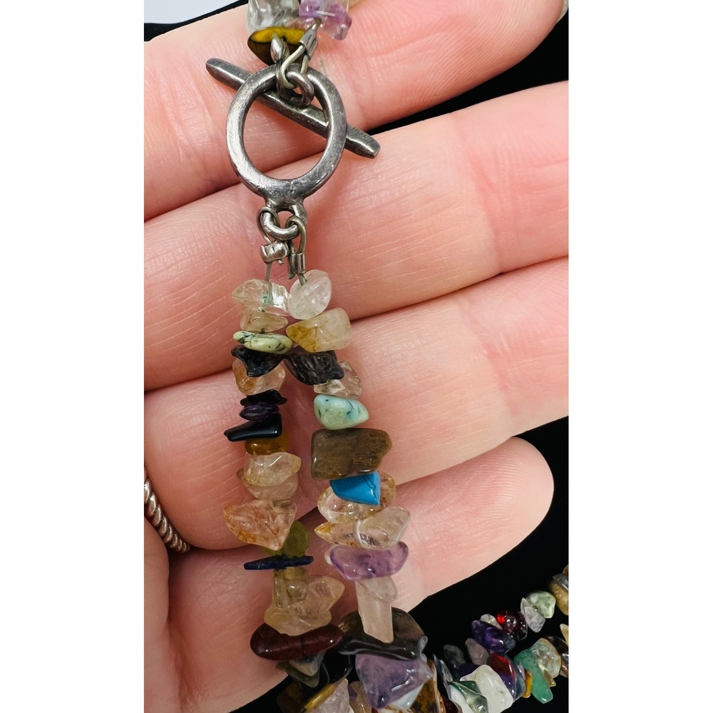 Sterling Silver 925 Multi Gemstone Chip Double Strand Cross Pendant Necklace - Picture 7 of 9